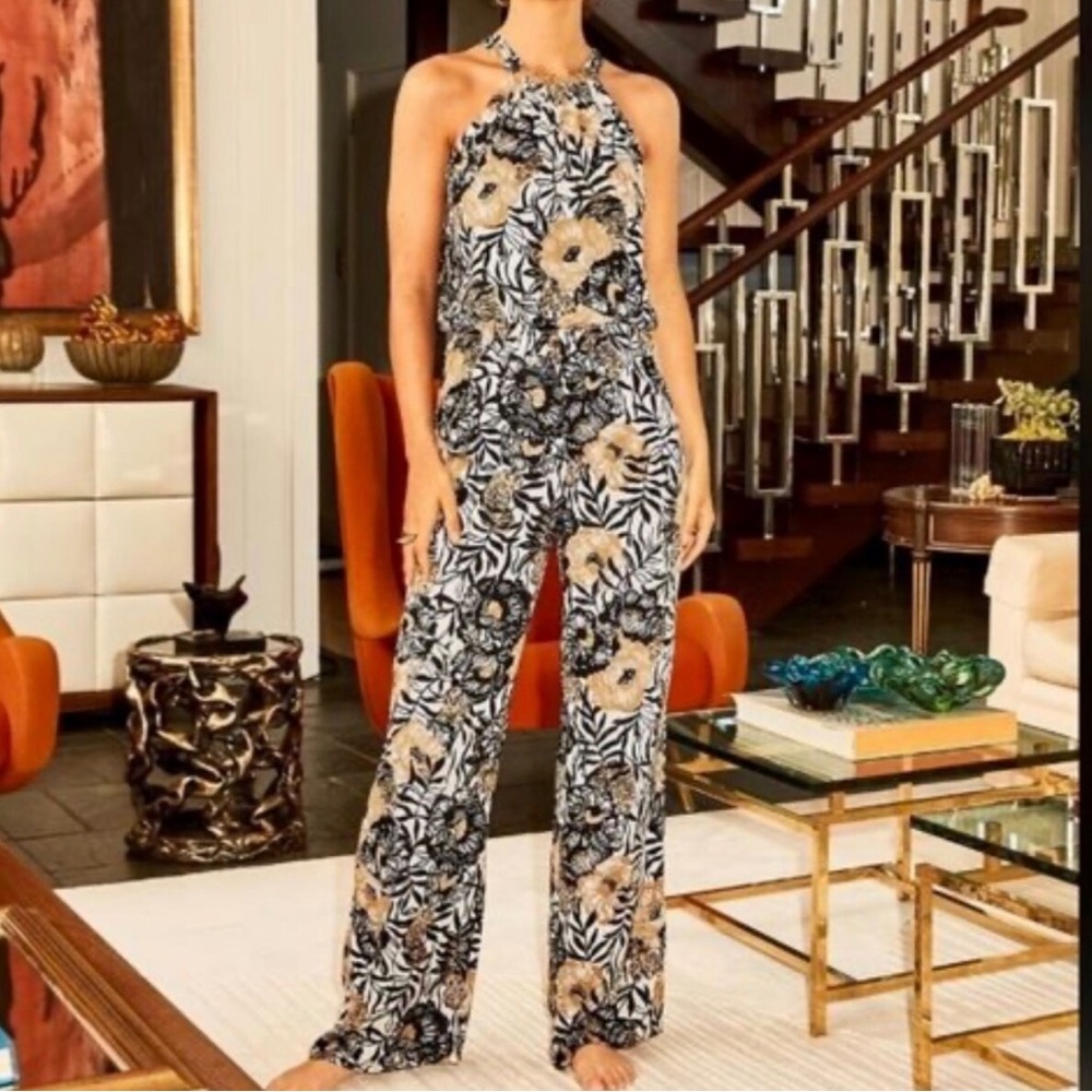 NWT Lilly Pulitzer Jilien Halter Black and Gold Floral Jumpsuit Size XS
